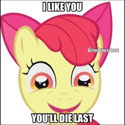 Size: 612x612 | Tagged: safe, imported from derpibooru, apple bloom, earth pony, pony, family appreciation day, artifact, caption, faic, female, image macro, impact font, meme, simple background, solo, text, watermark, white background