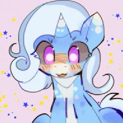 Size: 965x965 | Tagged: safe, artist:bug-roux, imported from derpibooru, trixie, pony, unicorn, blushing, cute, diatrixes, dots, eye clipping through hair, eyebrows, female, horn, looking at you, mare, pink background, purple eyes, simple background, sitting, smiling, smiling at you, solo, stars