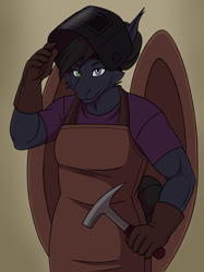Size: 1000x1338 | Tagged: safe, artist:fluffball, imported from derpibooru, oc, oc:dusky rose, anthro, bat pony, apron, bat pony oc, bust, clothes, hammer, heterochromia, looking at you, portrait, welding mask, wing sleeves, wings