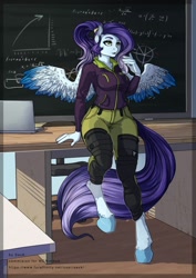 Size: 764x1080 | Tagged: safe, artist:sevk, artist:shundis, imported from derpibooru, oc, oc only, anthro, pegasus, unguligrade anthro, chalkboard, classroom, clothes, commission, cute, digital art, female, hoodie, pants, solo, ych result