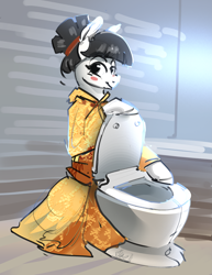 Size: 2535x3284 | Tagged: safe, artist:alumx, imported from derpibooru, oc, oc only, oc:tsu nami, toilet pony, but why, eyebrows, female, high res, looking at you, mare, pun, smiling, smiling at you, solo, toilet