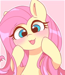 Size: 1777x2048 | Tagged: safe, artist:leo19969525, imported from derpibooru, fluttershy, pony, :3, blue eyes, blushing, cute, female, hair, looking at you, mare, open mouth, pink background, pink hair, shyabetes, simple background, smiling, smiling at you, solo
