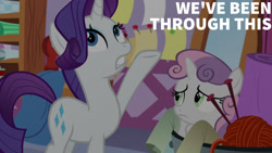 Size: 1280x720 | Tagged: safe, edit, edited screencap, editor:quoterific, imported from derpibooru, screencap, rarity, sweetie belle, pony, unicorn, marks for effort, season 8, spoiler:s08, carousel boutique, duo, female, filly, foal, mare, text