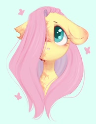 Size: 837x1073 | Tagged: safe, artist:melodylibris, imported from derpibooru, fluttershy, pegasus, pony, :o, blood, blue background, colored pupils, female, floppy ears, hair over one eye, looking up, mare, open mouth, simple background, solo, torn ear