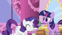 Size: 640x360 | Tagged: safe, imported from derpibooru, screencap, rarity, spike, twilight sparkle, dragon, pony, unicorn, green isn't your color, season 1, ^^, animated, carousel boutique, cute, eyes closed, female, gif, gifs.com, jumping, male, mare, open mouth, open smile, raribetes, smiling, trio, unicorn twilight