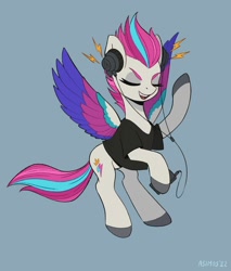 Size: 1700x2000 | Tagged: safe, artist:asimos, imported from derpibooru, zipp storm, pegasus, pony, cellphone, clothes, eyes closed, female, flying, g5, gray background, headphones, mare, open mouth, phone, raised hoof, shirt, simple background, solo, spread wings, t-shirt, wings