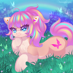 Size: 3000x3000 | Tagged: safe, artist:monstrum, imported from derpibooru, oc, oc only, oc:bijou butterfly, butterfly, earth pony, pony, big eyes, cute, ear piercing, earring, earth pony oc, eye clipping through hair, female, flower, grass, high res, jewelry, looking at you, lying down, mare, ocbetes, piercing, prone, rainbow, signature, smiling, smiling at you, solo