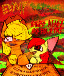 Size: 303x360 | Tagged: safe, artist:xxv4mp_g4z3rxx, imported from derpibooru, apple bloom, applejack, earth pony, pony, bloodshot eyes, duo, eeyup, eyestrain warning, female, hat, insanity, low quality, ouija board, ponytail, red eyes, ribbon, text