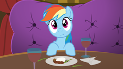 Size: 4999x2812 | Tagged: safe, artist:sollace, derpibooru exclusive, imported from derpibooru, rainbow dash, pegasus, pony, series:pov, viva las pegasus, alcohol, asparagus, blushing, bronybait, cute, dashabetes, date, dinner, eating, female, high res, hooves on the table, las pegasus, looking at you, mare, offscreen character, pov, restaurant, show accurate, smiling, vector, wine