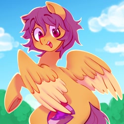 Size: 2000x2000 | Tagged: safe, artist:boorakun, imported from derpibooru, scootaloo, pegasus, pony, alternate hairstyle, cloud, colored wings, colored wingtips, cute, cutealoo, female, high res, looking at you, looking back, looking back at you, mare, older, older scootaloo, open mouth, open smile, outline, partially open wings, rearing, short hair, short mane, smiling, solo, the cmc's cutie marks, wings