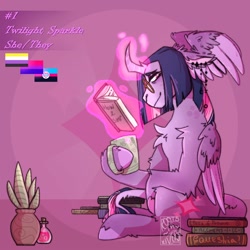 Size: 1500x1500 | Tagged: safe, artist:gothalite, imported from derpibooru, twilight sparkle, alicorn, pony, bisexual pride flag, book, curved horn, female, glasses, glowing, glowing horn, horn, magic, mare, multiple wings, pride, pride flag, redesign, smiling, solo, telekinesis, twilight sparkle (alicorn), wing ears, wings