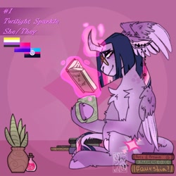 Size: 1500x1500 | Tagged: safe, alternate version, artist:gothalite, imported from derpibooru, twilight sparkle, alicorn, pony, bisexual pride flag, book, curved horn, ear piercing, earring, eyeshadow, female, folded wings, glasses, glowing, glowing horn, horn, jewelry, magic, magic aura, makeup, mare, mug, multiple wings, nonbinary pride flag, partially open wings, piercing, polyamorous pride flag, potion, potted plant, pride, pride flag, pronouns, redesign, sitting, smiling, solo, telekinesis, twilight sparkle (alicorn), wing ears, wings