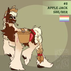 Size: 1500x1500 | Tagged: safe, alternate version, artist:gothalite, imported from derpibooru, applejack, earth pony, pony, abstract background, braid, braided tail, chest fluff, female, hat, hoof fluff, mare, pride flag, raised hoof, redesign, saddle basket, smiling, solo, straw in mouth, tail