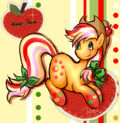 Size: 651x669 | Tagged: safe, artist:xxitachiuchihaloverxx, imported from derpibooru, applejack, complex background, female, hat, looking away, lying down, mare, rainbow power, ribbon, solo, text