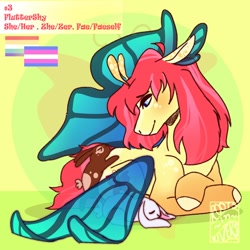 Size: 1500x1500 | Tagged: safe, alternate version, artist:gothalite, imported from derpibooru, fluttershy, pegasus, pony, rabbit, animal, butterfly wings, female, flutterfly, lesbian, lying down, mare, prone, redesign, smiling, solo, transgender, wings