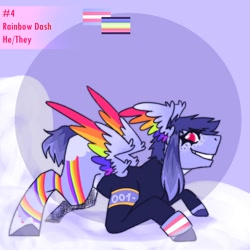 Size: 1500x1500 | Tagged: safe, alternate version, artist:gothalite, imported from derpibooru, rainbow dash, pegasus, pony, abstract background, clothes, colored wings, grin, male, multicolored wings, pride, pride flag, rainbow blitz, rainbow wings, redesign, rule 63, smiling, solo, stallion, transgender pride flag, wings