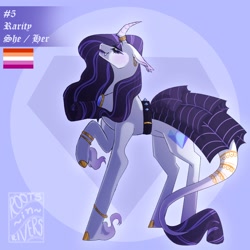 Size: 2000x2000 | Tagged: safe, artist:gothalite, imported from derpibooru, rarity, pony, unicorn, belt, clothes, curved horn, dress, eyes closed, female, hoof fluff, horn, jewelry, lesbian, lesbian pride flag, mare, necklace, pride, pride flag, raised hoof, redesign, smiling, solo