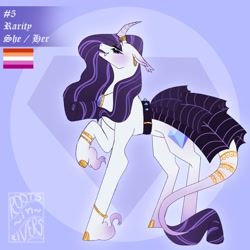 Size: 2000x2000 | Tagged: safe, alternate version, artist:gothalite, imported from derpibooru, rarity, pony, unicorn, belt, clothes, curved horn, dress, eyes closed, female, hoof fluff, horn, jewelry, lesbian pride flag, mare, necklace, pride, pride flag, raised hoof, redesign, smiling, solo