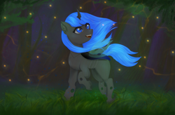 Size: 3505x2302 | Tagged: safe, artist:bellfa, imported from derpibooru, oc, oc only, changeling, pony, blue eyes, blue mane, commission, fangs, female, forest, hair, horn, original art, smiling, solo, tail, wings