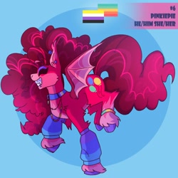 Size: 2000x2000 | Tagged: safe, artist:gothalite, imported from derpibooru, pinkie pie, bat pony, pony, abstract background, bat ponified, bat wings, choker, clothes, ear piercing, eyes closed, female, grin, leg warmers, mare, nonbinary pride flag, piercing, pride, pride flag, race swap, raised hoof, redesign, smiling, solo, unshorn fetlocks, wings