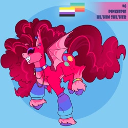 Size: 2000x2000 | Tagged: safe, alternate version, artist:gothalite, imported from derpibooru, pinkie pie, bat pony, pony, abstract background, bat ponified, bat wings, choker, clothes, ear piercing, eyes closed, female, grin, leg warmers, mare, nonbinary pride flag, piercing, pride, pride flag, race swap, raised hoof, redesign, smiling, solo, unshorn fetlocks, wings