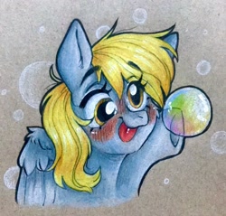 Size: 2048x1960 | Tagged: safe, artist:madkadd, imported from derpibooru, derpy hooves, pegasus, pony, :p, blushing, bubble, bust, eyelashes, female, mare, solo, tongue out, traditional art, underhoof