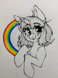 Size: 1536x2048 | Tagged: safe, artist:madkadd, imported from derpibooru, oc, oc only, pony, unicorn, bust, chest fluff, eyelashes, female, horn, lineart, mare, portrait, rainbow, simple background, smiling, solo, traditional art, unicorn oc, white background