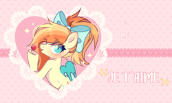 Size: 2000x1200 | Tagged: safe, artist:fenix-artist, imported from derpibooru, oc, oc only, oc:sunshine drift, bat pony, pony, bat pony oc, bat wings, blowing a kiss, blushing, bow, commission, eyelashes, female, french, hair bow, mare, one eye closed, solo, underhoof, wings, wink, ych result