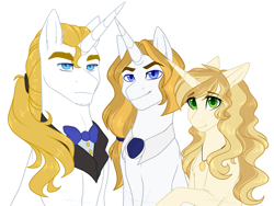 Size: 3460x2600 | Tagged: safe, artist:purplegrim40, imported from derpibooru, prince blueblood, oc, pony, unicorn, bowtie, bust, female, frown, horn, jewelry, male, mare, necklace, offspring, parent:prince blueblood, peytral, simple background, smiling, stallion, story included, unicorn oc, white background