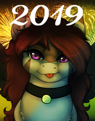 Size: 1567x2000 | Tagged: safe, artist:highrolleryt, imported from derpibooru, oc, oc only, earth pony, pony, :p, bust, chest fluff, choker, earth pony oc, happy new year 2019, solo, tongue out