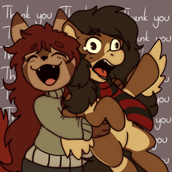 Size: 2000x2000 | Tagged: safe, artist:highrolleryt, imported from derpibooru, oc, oc only, anthro, pegasus, pony, raccoon, anthro with ponies, clothes, duo, hug, open mouth, pegasus oc, scarf, smiling, striped scarf