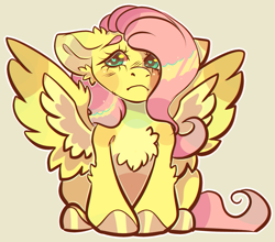 Size: 2000x1760 | Tagged: safe, artist:highrolleryt, imported from derpibooru, fluttershy, pegasus, pony, blushing, chest fluff, colored hooves, eyelashes, female, floppy ears, frown, mare, simple background, solo, spread wings, wings