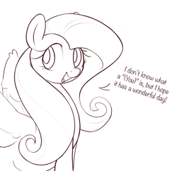Size: 1171x1133 | Tagged: safe, artist:nookprint, imported from derpibooru, fluttershy, pegasus, pony, (you), dialogue, female, mare, monochrome, open mouth, simple background, solo, spread wings, talking, white background, wings