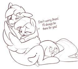 Size: 1329x1171 | Tagged: safe, artist:nookprint, imported from derpibooru, fluttershy, oc, oc:anon stallion, earth pony, pegasus, pony, dialogue, earth pony oc, eyes closed, female, floppy ears, hug, lying down, male, mare, monochrome, one eye closed, open mouth, prone, simple background, sitting, spread wings, stallion, talking, white background, wings