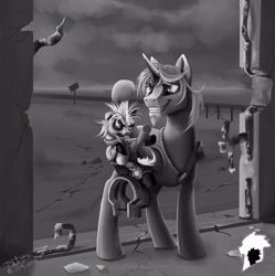 Size: 2148x2160 | Tagged: safe, artist:drakaina-gwd-9000, imported from derpibooru, oc, oc only, oc:firefly (fallout equestria: promise), earth pony, pony, unicorn, fallout equestria, 36, black and white, clothes, coat markings, cover art, cracks, doorway, duo, duo male and female, earth pony oc, facial hair, fallout equestria: promise, female, fence, filly, foal, goatee, grayscale, grin, high res, holding a pony, hoof hold, horn, jumpsuit, male, monochrome, pinto, pipbuck, rebar, ruins, sign, smiling, stallion, underhoof, unicorn oc, vault suit