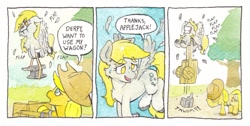 Size: 1189x599 | Tagged: safe, artist:lost marbles, imported from derpibooru, applejack, derpy hooves, earth pony, pegasus, pony, anvil, comic, comic strip, cowboy hat, derpy being derpy, fail, feather, flying, hat, sweat, traditional art, tree, wagon, watercolor painting