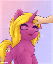 Size: 2000x2400 | Tagged: safe, artist:rivin177, imported from derpibooru, oc, oc:bright star, human, pony, unicorn, commission, eyes closed, glasses, hand, petting, raised hoof, simple background, sparkles, ych result, your character here