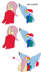 Size: 1280x2304 | Tagged: safe, artist:fluffyorbiter, imported from derpibooru, fluttershy, rainbow dash, anthro, pegasus, big breasts, breasts, busty fluttershy, cap, christmas, clothes, duo, female, flutterdash, folded wings, hat, heart, hearth's warming eve, holiday, kissing, lesbian, mistletoe, one wing out, santa hat, scarf, shipping, simple background, smiling, surprised, sweater, sweatershy, tallershy, white background, wings
