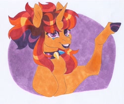 Size: 3213x2714 | Tagged: safe, artist:frozensoulpony, imported from derpibooru, oc, oc:phoenix fireworks, pony, unicorn, choker, female, magical lesbian spawn, mare, offspring, parent:sunset shimmer, parent:twilight sparkle, parents:sunsetsparkle, solo, spiked choker, traditional art