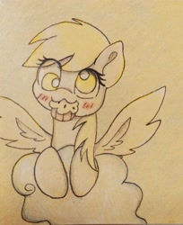 Size: 1702x2081 | Tagged: safe, artist:twiliset, imported from derpibooru, derpy hooves, pegasus, pony, cloud, female, food, mare, mouth hold, muffin, simple background, solo, traditional art