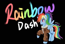 Size: 1600x1075 | Tagged: safe, artist:zhangwenwen, imported from derpibooru, rainbow dash, pegasus, pony, black background, bomber jacket, clothes, female, jacket, simple background, solo, spread wings, wings