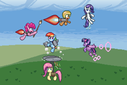 Size: 1200x800 | Tagged: safe, artist:nitobit, imported from derpibooru, applejack, fluttershy, pinkie pie, rainbow dash, rarity, twilight sparkle, earth pony, pegasus, unicorn, flying, food, jetpack, mane six, marshmallow, pinkie being pinkie, pixel art