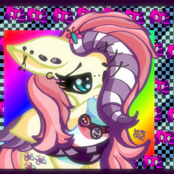 Size: 3000x3000 | Tagged: safe, artist:umbrapone, imported from derpibooru, fluttershy, pegasus, rabbit, abstract background, animal, badge, bone, bucktooth, cel shading, chainsaw, colored wings, dyed mane, ear piercing, emo, eyebrows, hair accessory, high res, implied angel bunny, lip piercing, long mane, piercing, pride flag, rawrified, scene, shading, shy, solo, striped mane, stripes, two toned wings, wings