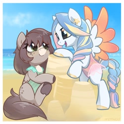 Size: 2141x2141 | Tagged: safe, artist:pfeffaroo, imported from derpibooru, oc, oc only, oc:seashore swirl, pegasus, pony, beach, bipedal, clothes, duo, open mouth, sandcastle, swimsuit