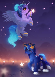 Size: 2430x3400 | Tagged: safe, artist:anku, imported from derpibooru, oc, oc:asteria, alicorn, pony, unicorn, duo, full body, stars