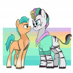 Size: 2048x2048 | Tagged: safe, artist:pfeffaroo, imported from derpibooru, hitch trailblazer, oc, earth pony, pony, zebra, clothes, duo, g5, hoodie, male, stallion