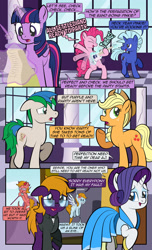 Size: 1920x3168 | Tagged: safe, artist:alexdti, imported from derpibooru, applejack, pinkie pie, rarity, twilight sparkle, oc, oc:aqua lux, oc:purple creativity, oc:star logic, oc:warm focus, alicorn, earth pony, pegasus, pony, unicorn, comic:quest for friendship, bipedal, clothes, comic, dialogue, dress, ears back, electric guitar, eyes closed, female, folded wings, freckles, glasses, glowing, glowing horn, grammar error, guitar, high res, horn, lidded eyes, looking at someone, looking away, magic, male, mare, musical instrument, narrowed eyes, onomatopoeia, open mouth, open smile, pegasus oc, raised hoof, raised leg, shadow, shoulder angel, shoulder devil, smiling, speech bubble, spread wings, stallion, tail, telekinesis, twilight sparkle (alicorn), two toned mane, two toned tail, underhoof, unicorn oc, wall of tags, wings