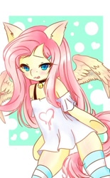 Size: 501x807 | Tagged: safe, artist:alexkparts, imported from derpibooru, part of a set, fluttershy, pegasus, pony, semi-anthro, bell, bell collar, clothes, collar, dress, socks, solo, striped socks, thigh highs, thighs