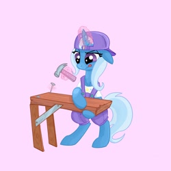 Size: 2048x2048 | Tagged: safe, artist:pfeffaroo, imported from derpibooru, trixie, pony, unicorn, backwards ballcap, baseball cap, bipedal, cap, clothes, construction, floppy ears, glowing, glowing horn, hammer, hat, horn, magic, magic aura, nail, pink background, simple background, solo, wood