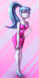 Size: 2000x4000 | Tagged: safe, artist:shad0w-galaxy, imported from derpibooru, sonata dusk, human, equestria girls, bare shoulders, clothes, commission, dress, female, high heels, high res, jewelry, necklace, shoes, simple background, sleeveless, smug, solo, watermark